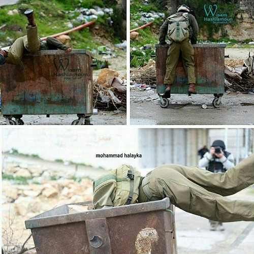 عکس/ سقوط نظامی صهیونیست در یک سطل زباله