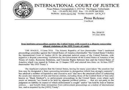 متن کامل شکایت ایران از آمریکا به دادگاه لاهه