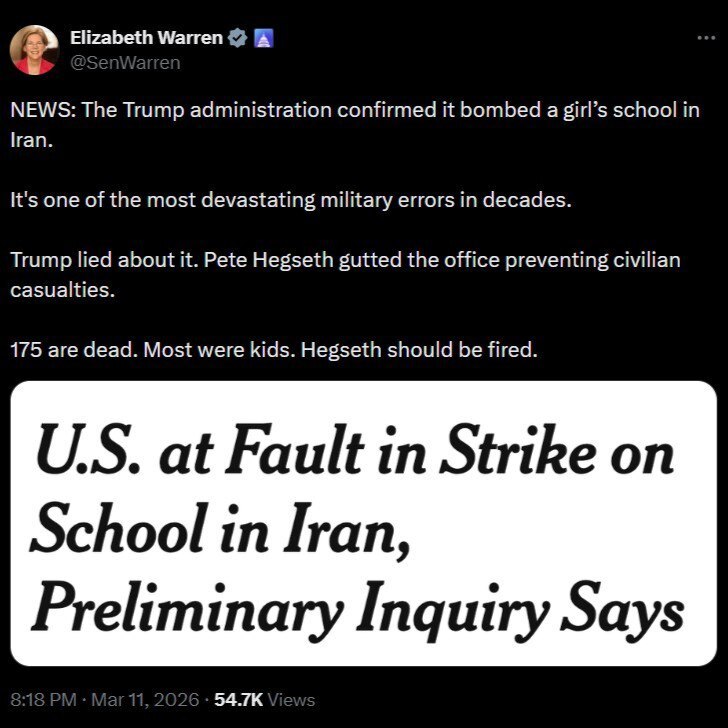 السيناتورة الأمريكية: إدارة ترامب أكدت أنها قصفت المدرسة في إيران
