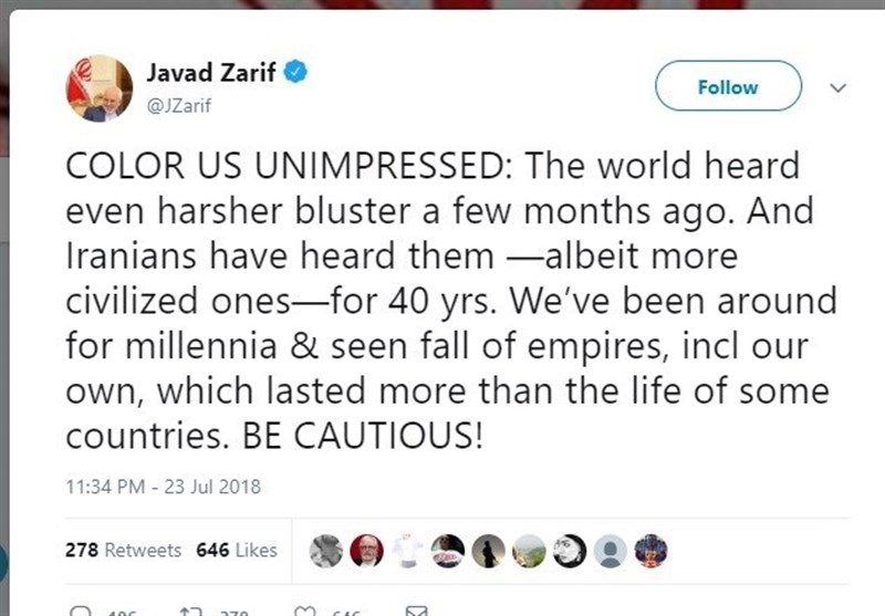 Zarif to Trump: ‘We’ve Been Around for Millennia, Seen Fall of Empires’
