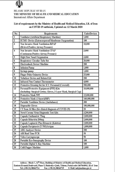 ظریف لیستی از تجهیزات پزشکی مورد نیاز ایران برای مقابله با کرونا منتشر کرد