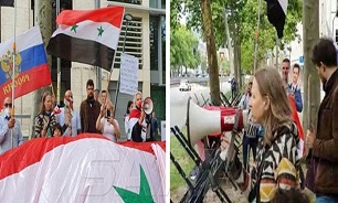 تجمع اعتراضی مقابل سفارت آمریکا در بروکسل در مخالفت با تحریم سوریه