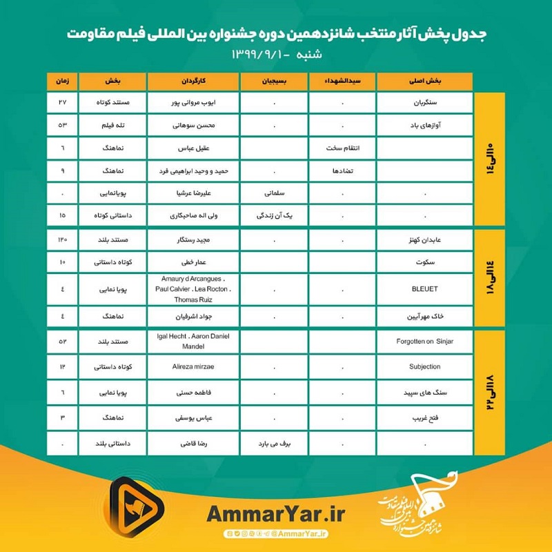 برنامه نمایش روز اول جشنواره فیلم مقاومت در «نمافیلم»