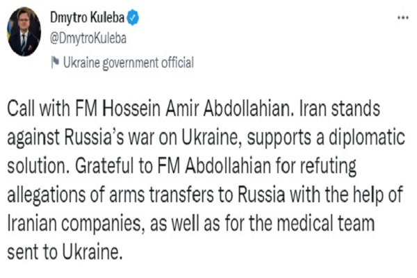 تماس تلفنی کولبا و امیرعبداللهیان؛ قدردانی از اعزام تیم پزشکی ایران به اوکراین
