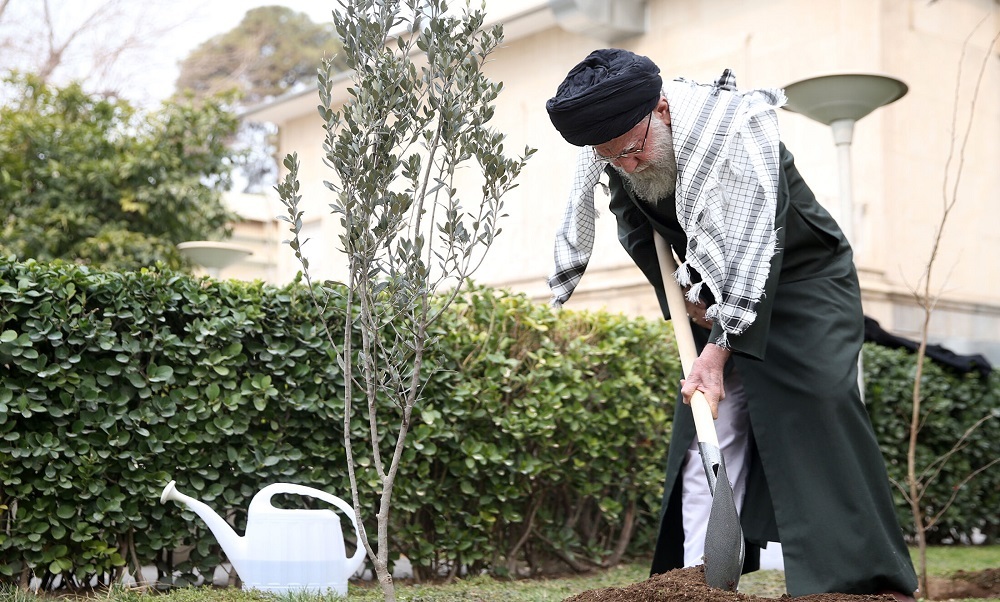 کاشت ۳ اصله نهال توسط امام خامنه‌ای در روز درختکاری