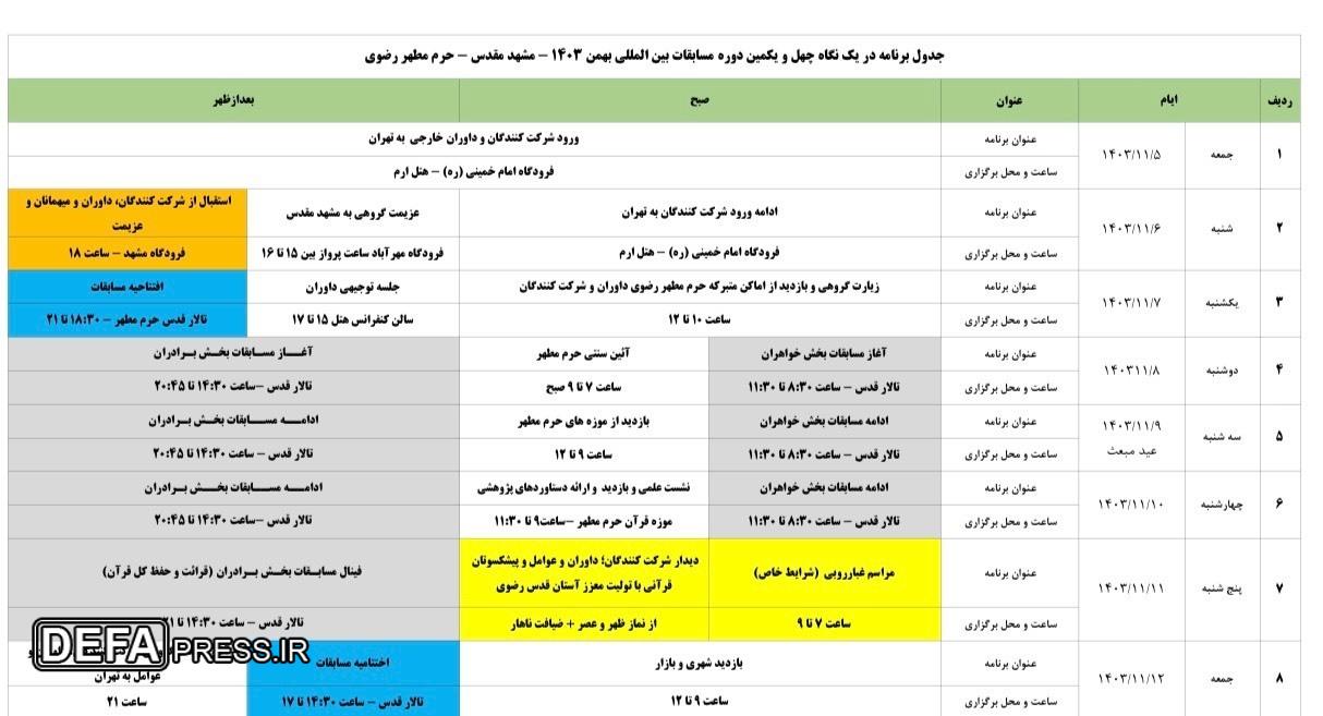 اعلام برنامه‌های چهل‌ویکمین دوره مسابقات بین‌المللی قرآن ایران + جدول