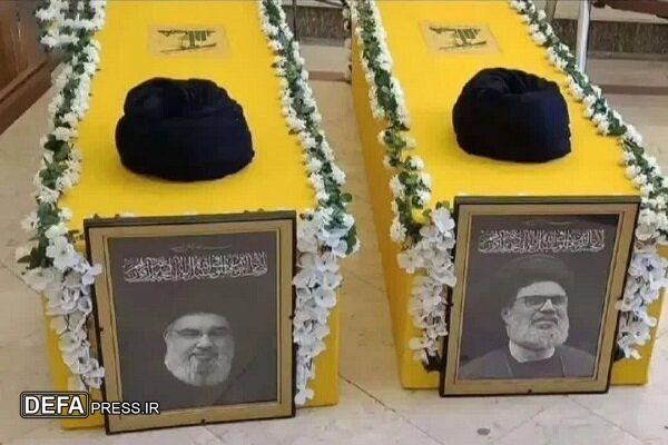 تابوت پیکرهای شهیدان سیدحسن نصرالله و سیدهاشم صفی‌الدین