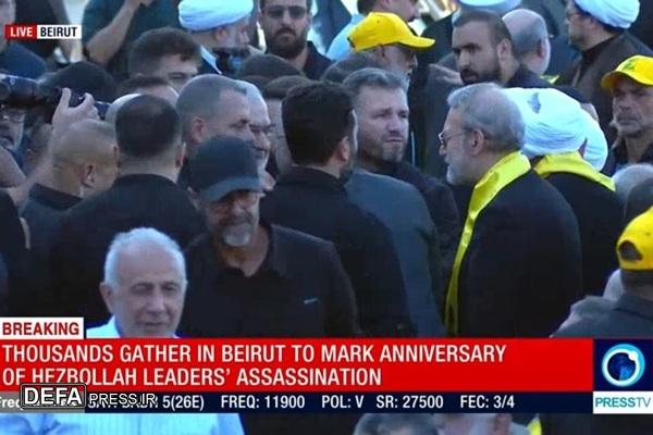 حضور لاریجانی و هیئت پارلمانی ایران در مراسم سالگرد شهادت سیدحسن نصرالله