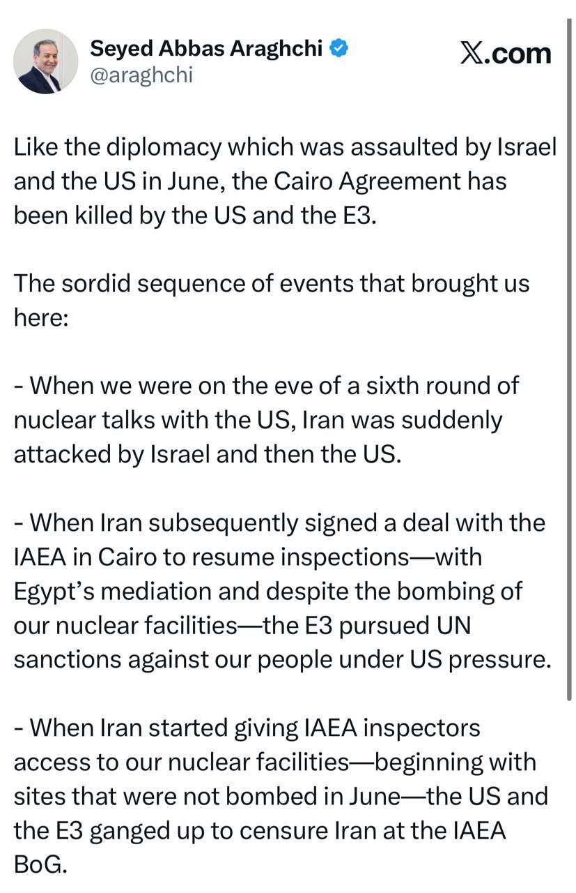 عراقچی: «توافق قاهره» توسط آمریکا و سه کشور اروپایی کشته شد