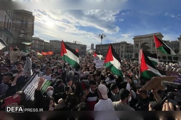 تظاهرات در میلان ایتالیا در محکومیت رژیم صهیونی انجام شد