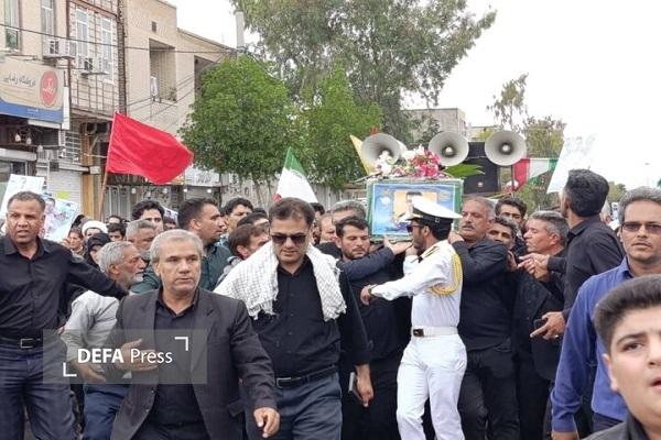 مراسم استقبال و تشییع دو شهید جنگ رمضان در قلعه‌گنج و جیرفت برگزار شد