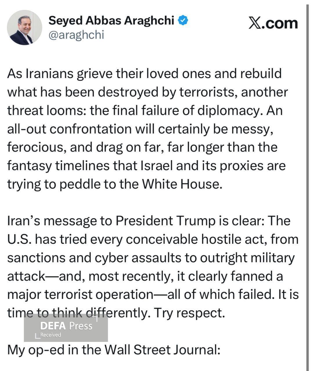 Предупреждение ّАракчи Белому дому о последствиях противостояния с Ираном